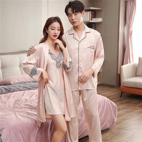Couple's pajamas ice silk spring and summer long sleeve lace Nightgown men's silk suit solid color women's sexy suspender nightdress