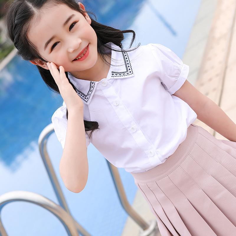 Children's shirt girl's stand collar Short Sleeve White Chinese University Children's new college style thin shirt fashion