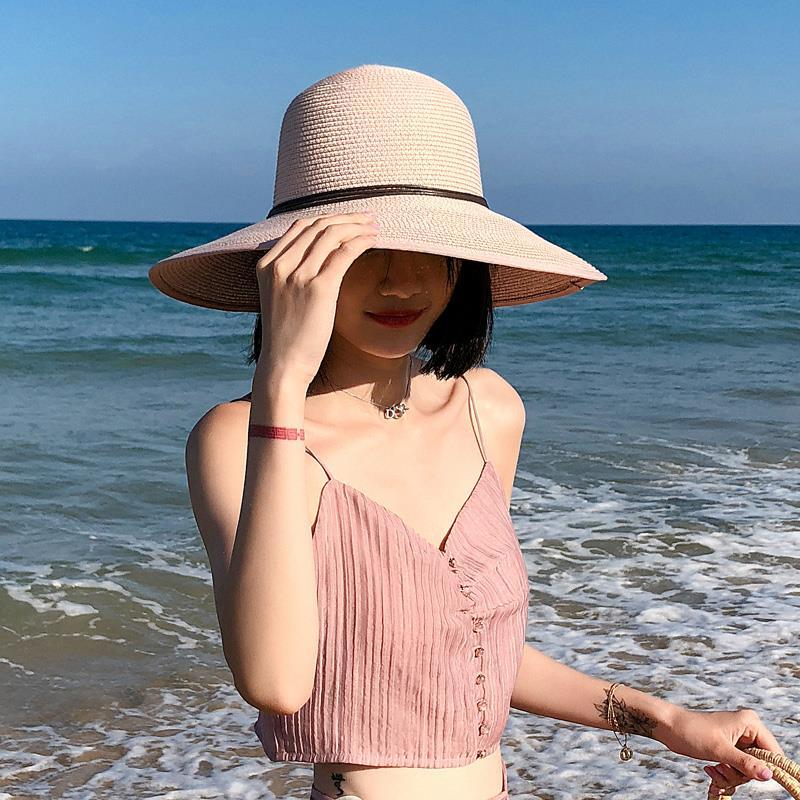 遮阳草帽休闲太阳帽子女夏天沙滩帽出游优雅防晒帽大沿帽海边遮脸