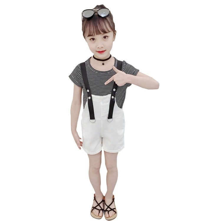 Girls summer new suit children's middle and big children casual Korean striped short-sleeved denim shorts two-piece set