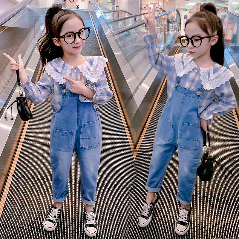 Girls' jeans suspenders spring dress 2020 new children's suspenders suit two-piece shirt