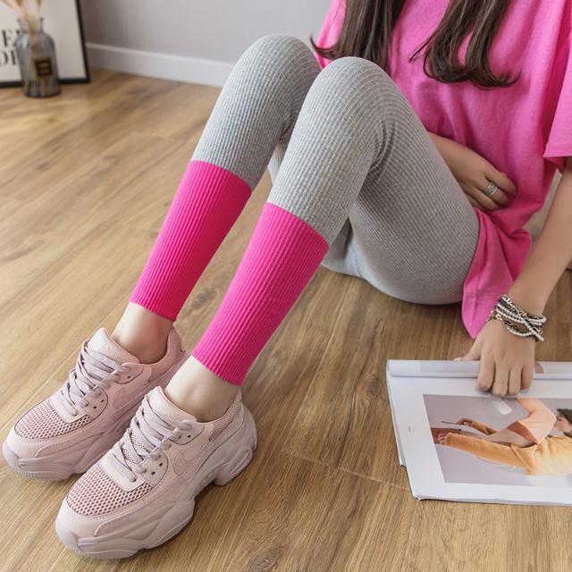 Internet celebrity contrasting color splicing threaded leggings for women to wear as outerwear, high-waisted, nine-point slimming, Korean style pure cotton pants, thin style