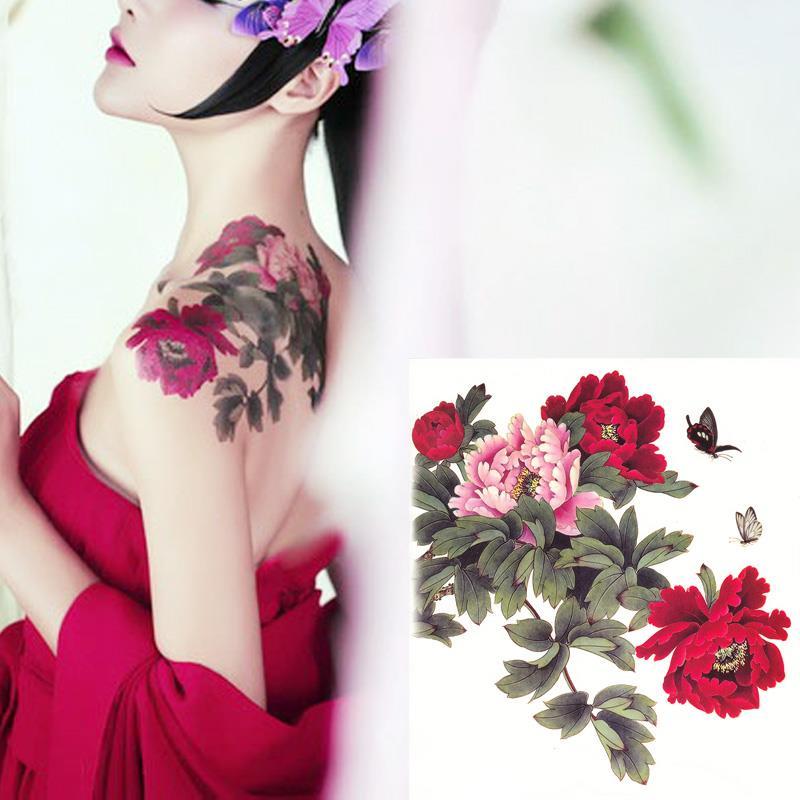 红色牡丹花朵彩色纹身贴红防水女持久少女纹身贴大图案后背遮疤痕