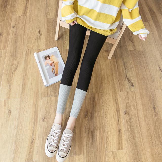Internet celebrity contrasting color splicing threaded leggings for women to wear as outerwear, high-waisted, nine-point slimming, Korean style pure cotton pants, thin style
