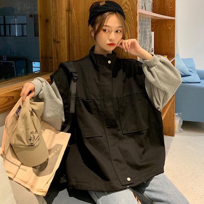 Harajuku Hong Kong style BF tooling jacket female spring and autumn Korean version loose students all-match college style splicing casual top tide