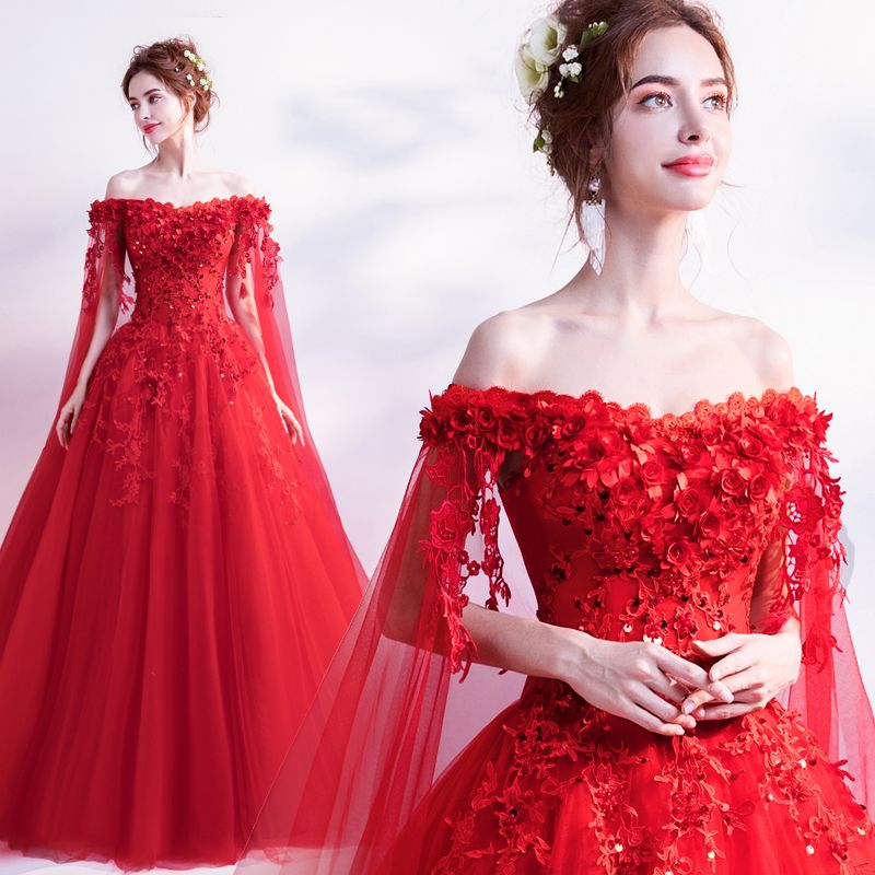 光芒耀眼 仙仙玫瑰 红色新娘结婚敬酒服答谢宴婚纱晚礼服批发9126
