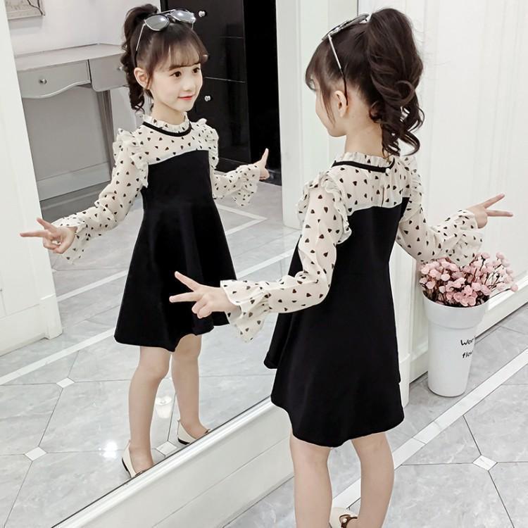 Girls spring 2020 little girl 6-year-old 7-trumpet sleeve super fairy elegant wave point color matching dress 5 dots A-line skirt