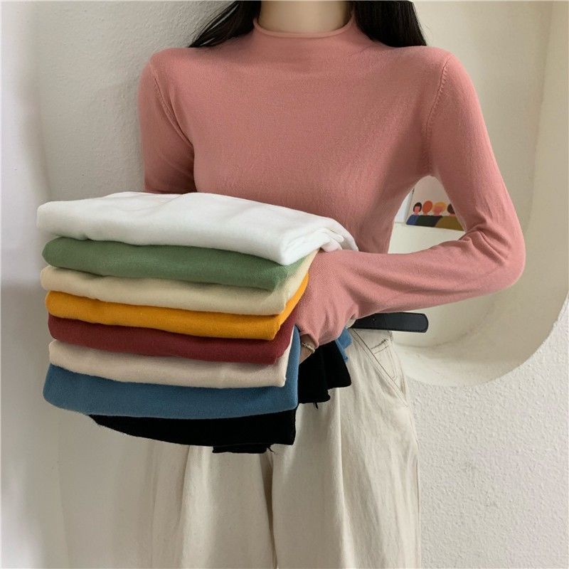 Rolled edge half high neck sweater women's autumn winter new Korean version slim fit and long sleeve T-shirt with bottom