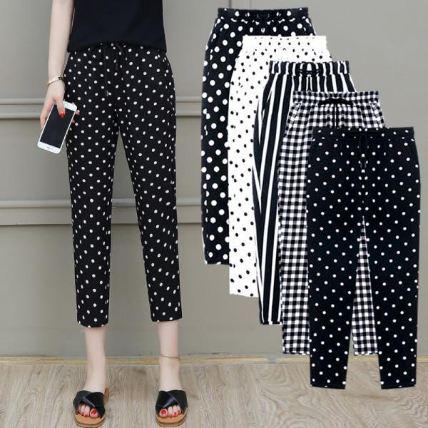 200 large size women's fat mm summer new wave point pants 200 catties lattice seven points casual pants stripes look thin