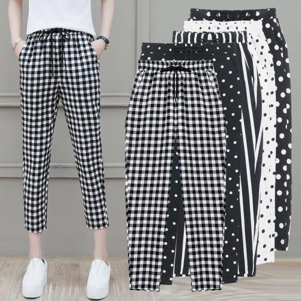 200 large size women's fat mm summer new wave point pants 200 catties lattice seven points casual pants stripes look thin