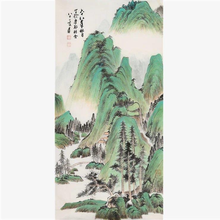 张大千国画手绘三尺精品竖幅工笔传统山水画收藏送礼赠送鉴定证书