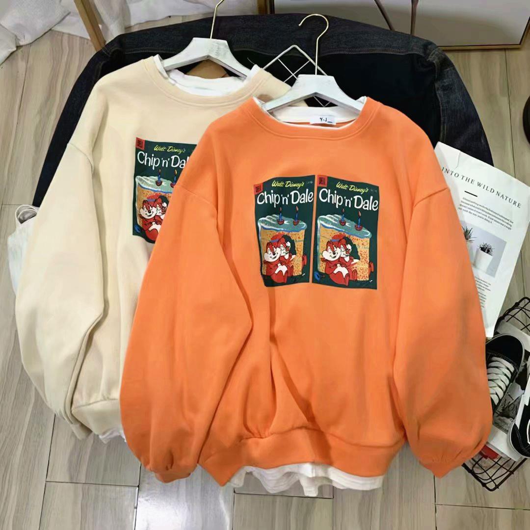 Cotton sweater women's spring and autumn thin 2020 new Korean fashion students loose fake two-piece round neck Pullover