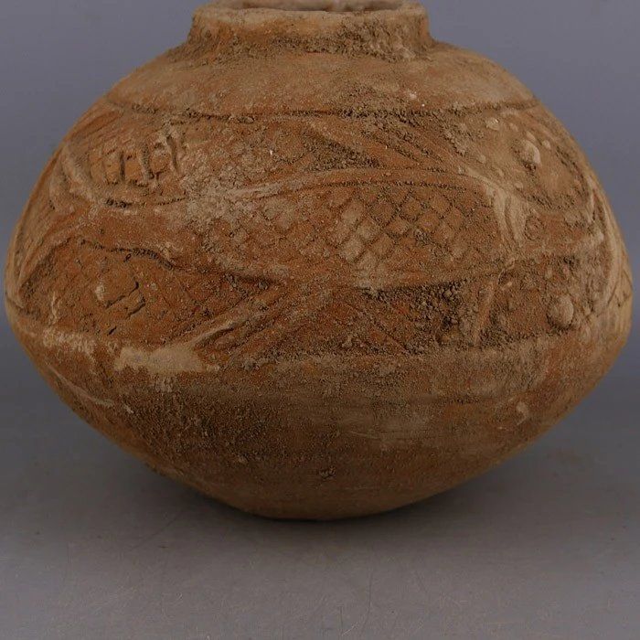 汉代马家窑手工雕刻鱼纹罐子 包老出土文物古陶罐 古玩古董收藏