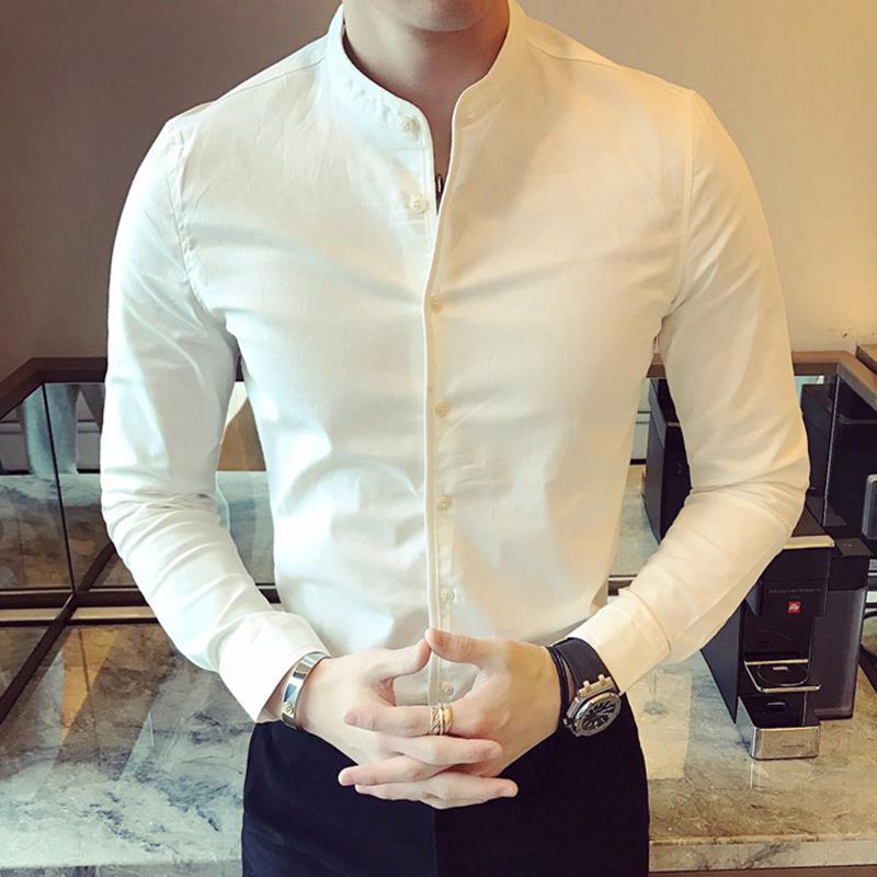 Autumn 2020 Zhongshan collar shirt men's long sleeve white slim standing collar shirt youth leisure short sleeve round neck inch shirt