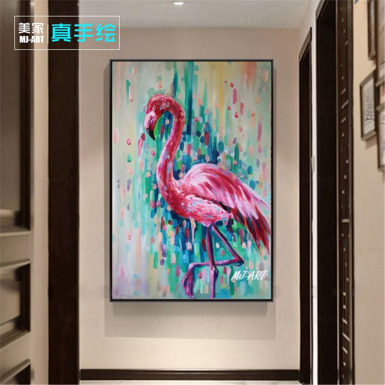 火烈鸟油画竖版现代简约轻奢客厅玄关玄关装饰画红色手绘挂画进门