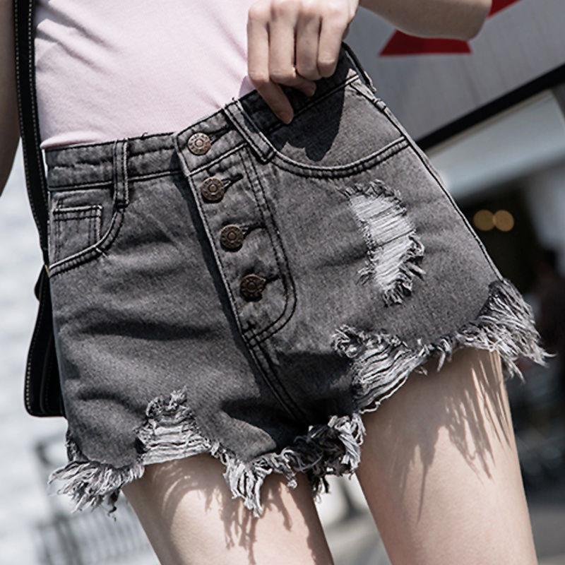 High waist perforated denim shorts women's summer new Korean version ins student A-line button wide leg sexy burr hot pants