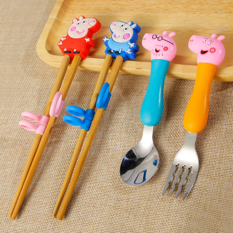 Baby solid wood training correction learning chopsticks little boy tableware set children 2-6 years old eating fork spoon