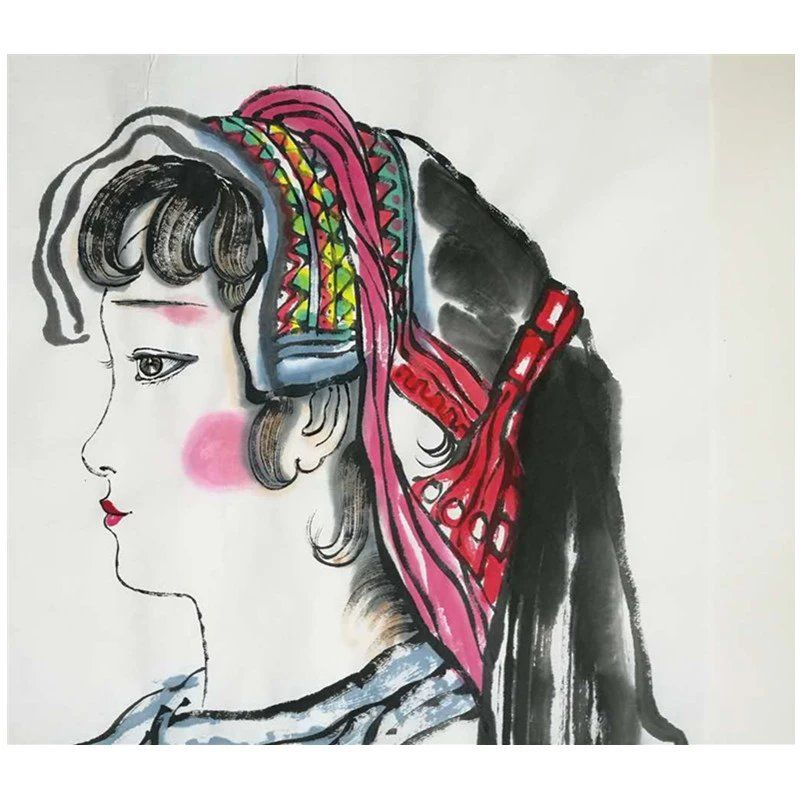 黄土画派刘文西国画人物四尺三开手绘作品海南苗族姑娘装饰收藏画