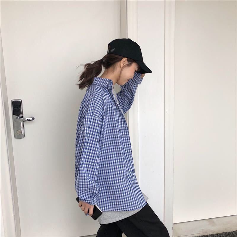  spring Korean style casual retro plaid shirt women's loose and thin mid-length long-sleeved shirt jacket jacket