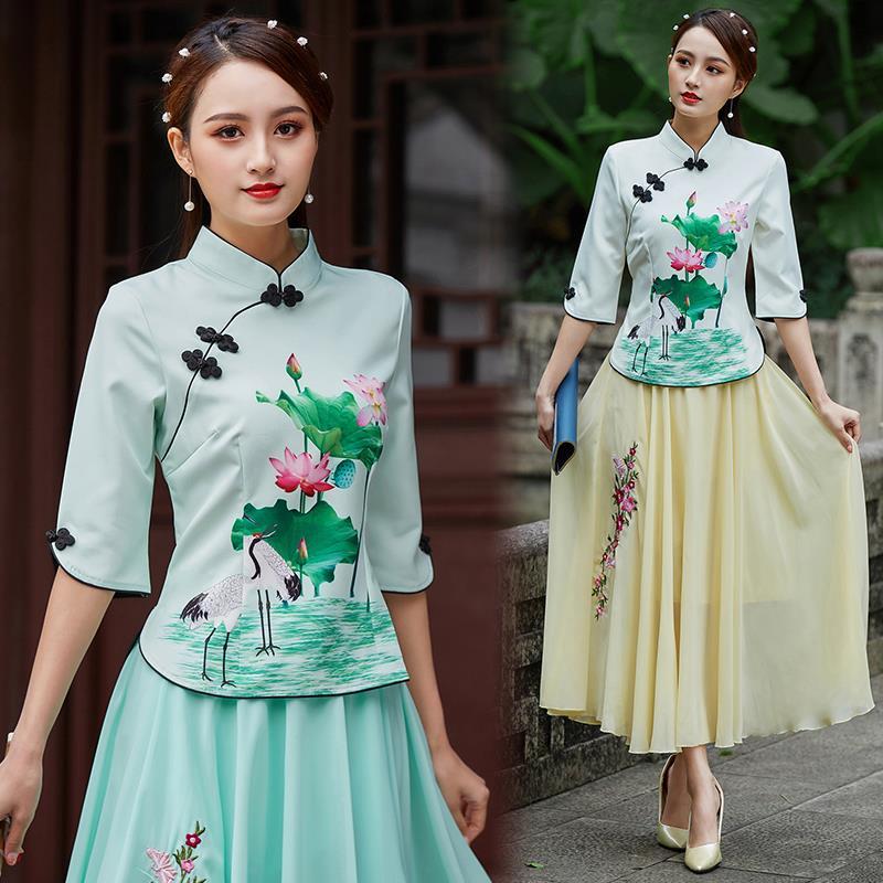 改良旗袍女两件套中国风复古中式汉服盘扣唐装女上衣古装日常女装
