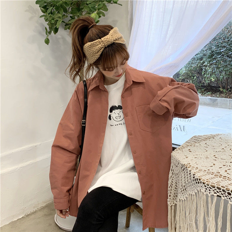 2023 new Korean style college style long-sleeved shirt female students loose ins all-match mid-length shirt jacket tide