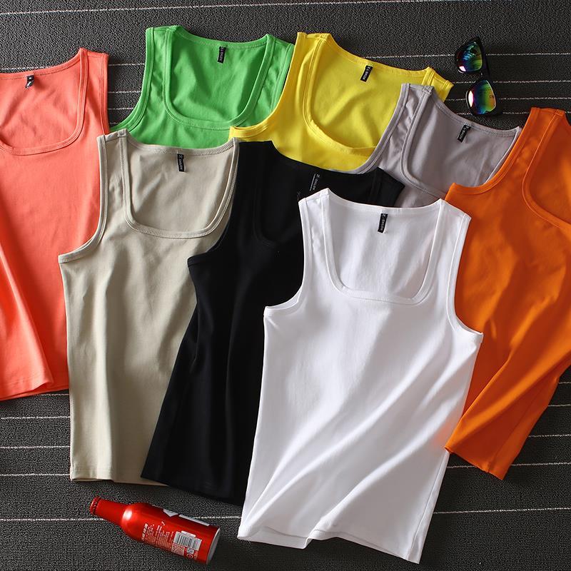 Men's Vest pure cotton breathable youth Korean Trend square neck bottomed sleeveless summer sports tight fit