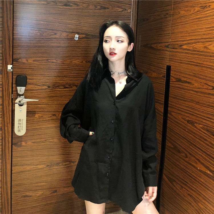 Hong Kong style retro style V-neck long-sleeved shirt female 2023 Korean version loose black all-match lazy shirt female tide