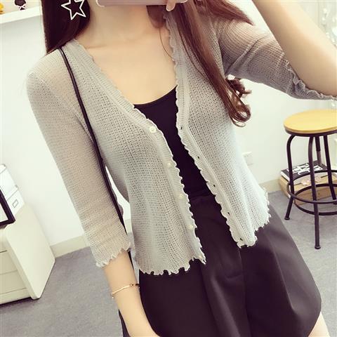 Sunscreen clothing women's summer V-neck wooden ears hollow knitted small cardigan ultra-thin short section small shawl coat air-conditioning shirt