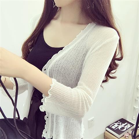 Sunscreen clothing women's summer V-neck wooden ears hollow knitted small cardigan ultra-thin short section small shawl coat air-conditioning shirt