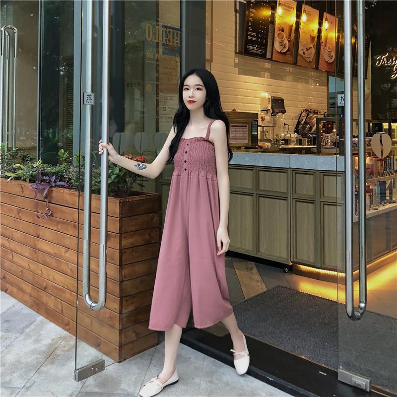 Summer Korean version of INS loose wooden ear edge bra show slim slim slim slim fit sleeveless suspender wide leg Jumpsuit girl student trend