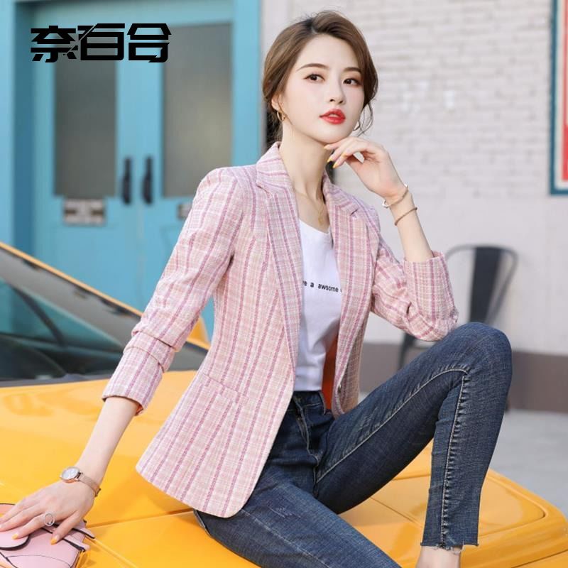 格子小西装外套女短款修身2021春秋新款韩版小个子洋气西服女上衣