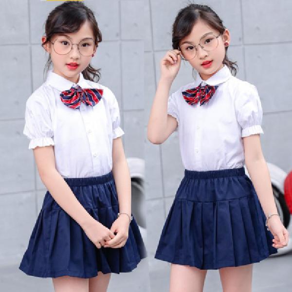 儿童夏季女纯白短袖纯棉蓝色套裙校园风韩版校服表演套装