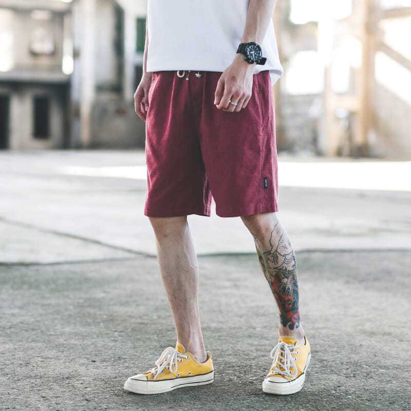 XGI summer cotton and linen shorts men's Japanese casual five-point pants loose solid color five-point pants beach big pants trendy