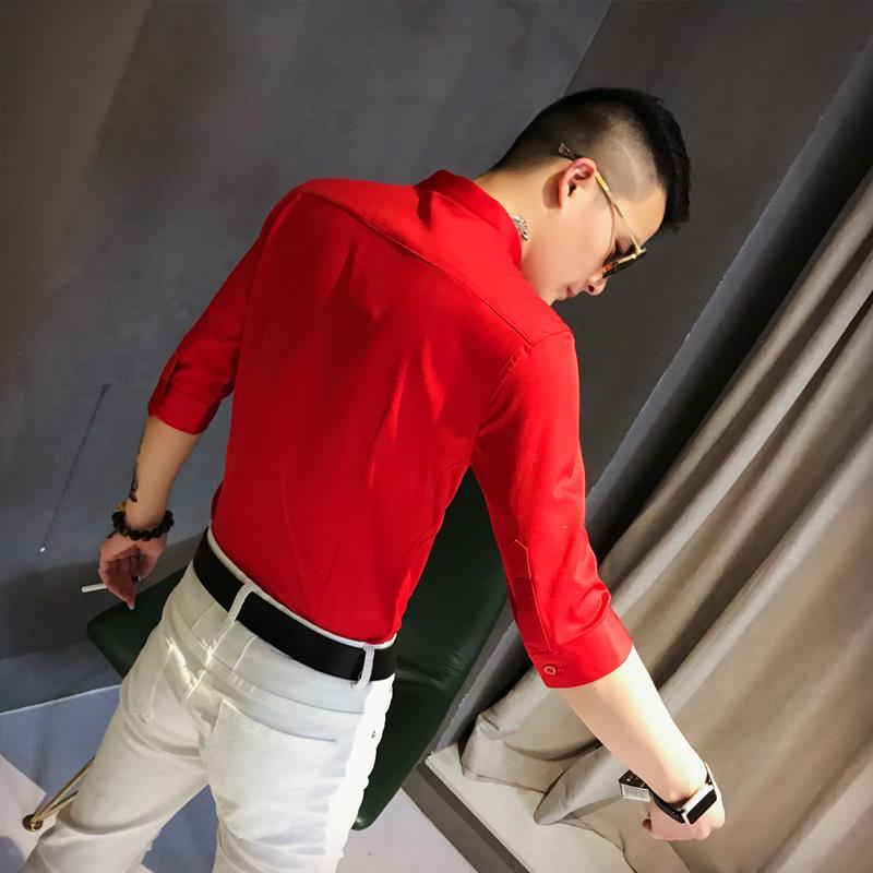 社会人网红立领衬衫男七分袖韩版潮流修身发型师个性短袖夜店寸衫