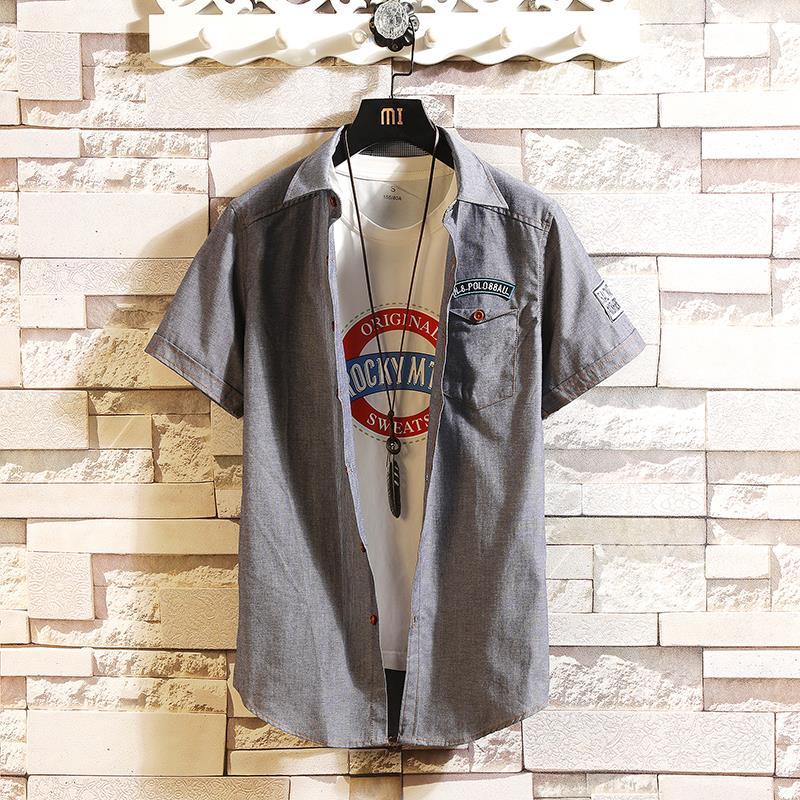 Summer short-sleeved shirt men's Korean style denim casual shirt top clothes inch clothing pure cotton loose half-sleeved tooling tide