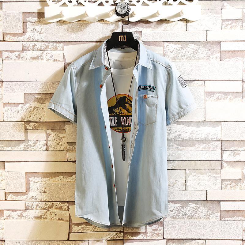Summer short-sleeved shirt men's Korean style denim casual shirt top clothes inch clothing pure cotton loose half-sleeved tooling tide