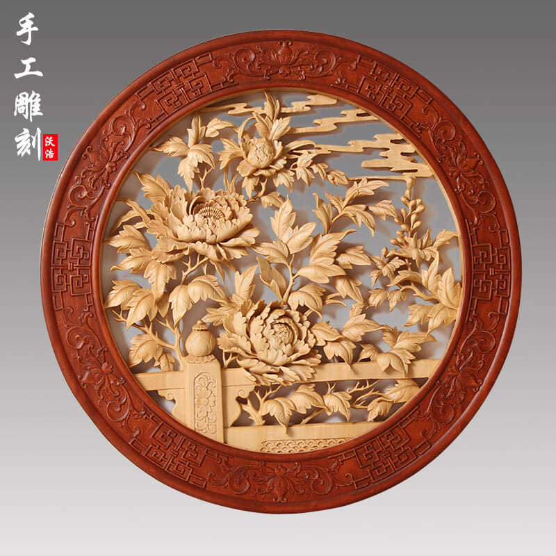 东阳木雕实木头雕刻工艺品雕刻画手工雕刻国画牡丹圆形客厅壁挂