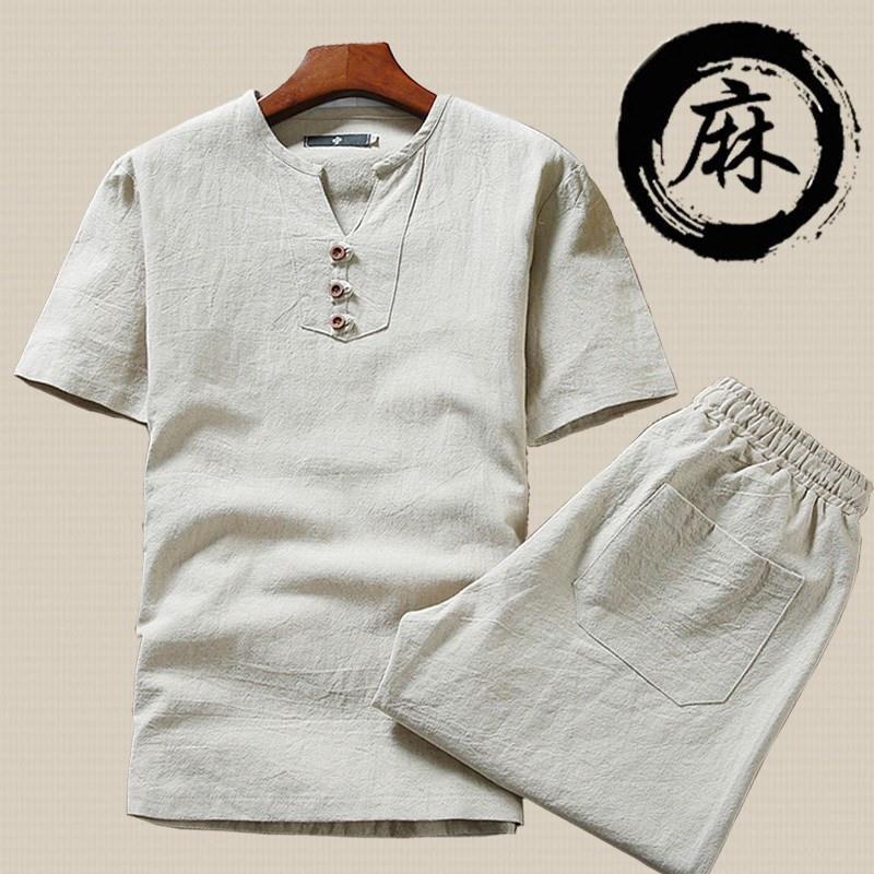 Summer thin pajamas pajamas pajamas men's cotton linen short sleeve T-shirt home suit linen youth Home Shorts