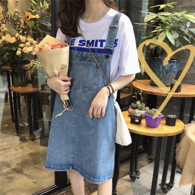 2020 new denim strap skirt Korean loose student large women's dress show thin medium long skirt suspender skirt dress