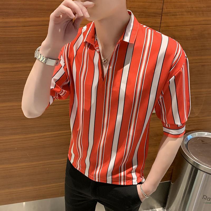 Shirt men's short sleeve summer Korean fashion stripe 7 / 7 sleeve top 5 / 5 sleeve ruffian shirt casual middle sleeve