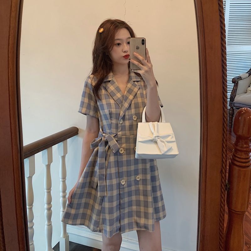 Summer new style small and fresh, small and tall, waist slim, suit collar check temperament short sleeve dress women's wear