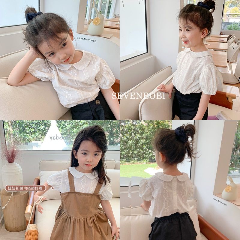 Blue dream summer new children's white baby collar Top Girls' Korean Short Sleeve Shirt cute