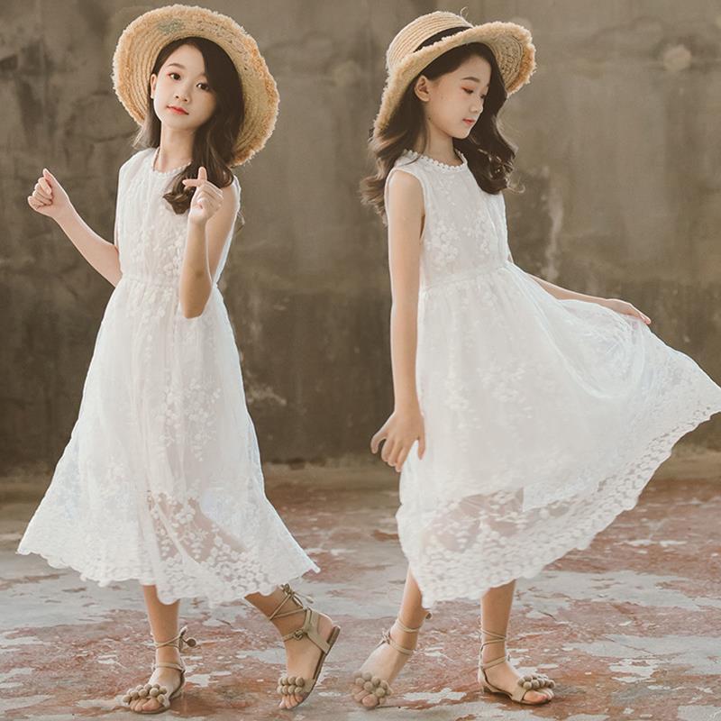 Super foreign girl's Princess Dress summer children's white lace dress big children's long skirt super fairy Knee Skirt
