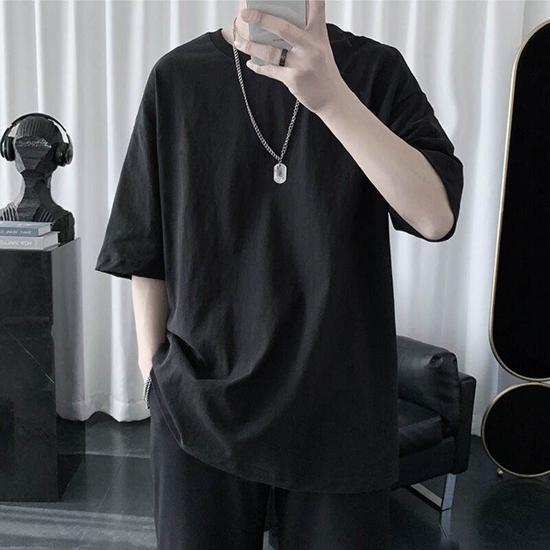 Spring pure white 5-sleeve T-shirt for male students' fashion Hong Kong Style half sleeve top T summer round neck short sleeve T-shirt
