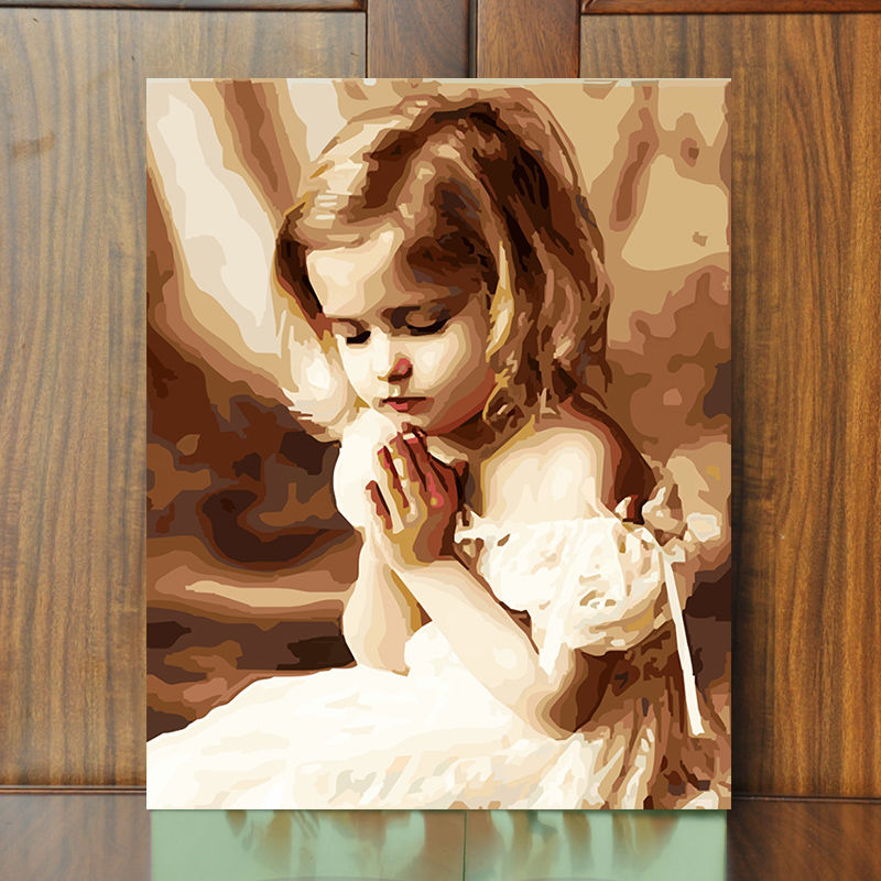 手绘填色油彩画祈祷的小女孩diy/数字油画客厅卧室书房装饰画挂画