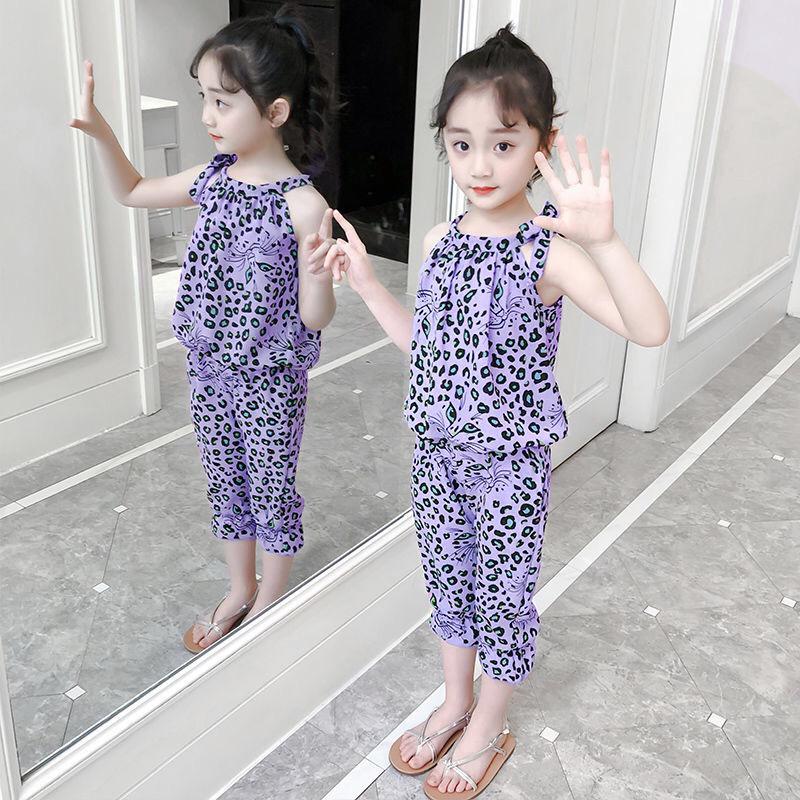 2023女童装夏装新款豹纹套装韩版休闲儿童无袖夏款雪纺两件套大童