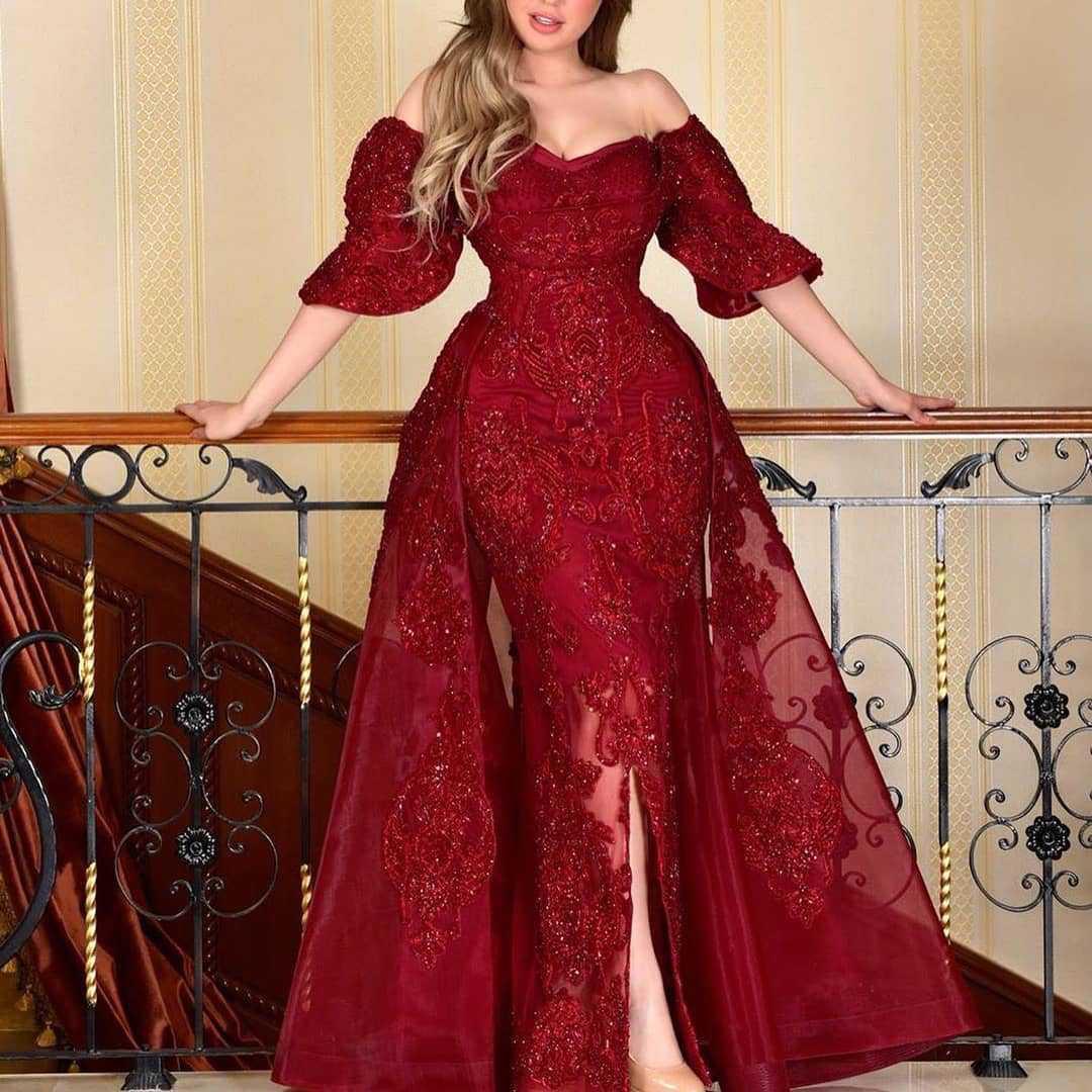 礼服女欧美外贸女装爆款撒金大摆性感长裙拖尾宴会晚礼服xxl紅色