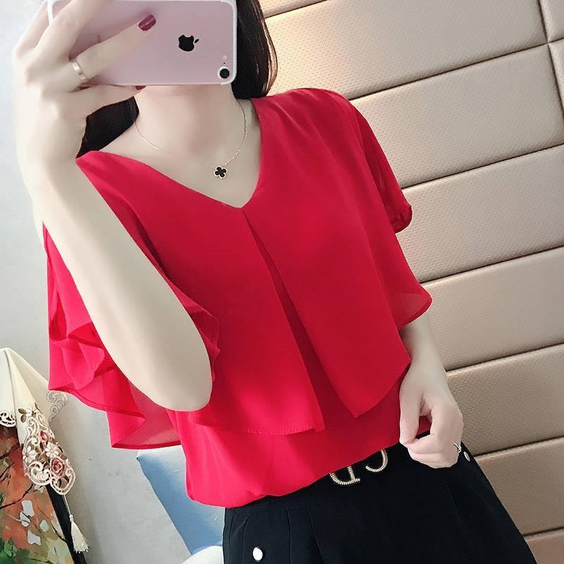 Off the shoulder chiffon shirt short sleeve women 2020 new summer Korean version loose and thin, cover belly, foreign style V-neck top fashion