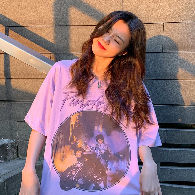 100% cotton short sleeve T-shirt for women 2020 summer new Korean loose printed purple top women's clothing ins fashion [delivery within 5 days]