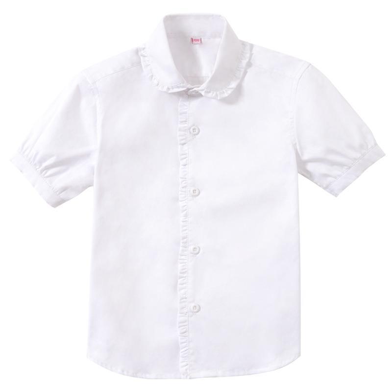 女童短袖衬衫白纯棉圆领夏季中大童小学生校服演出服儿童白色衬衣